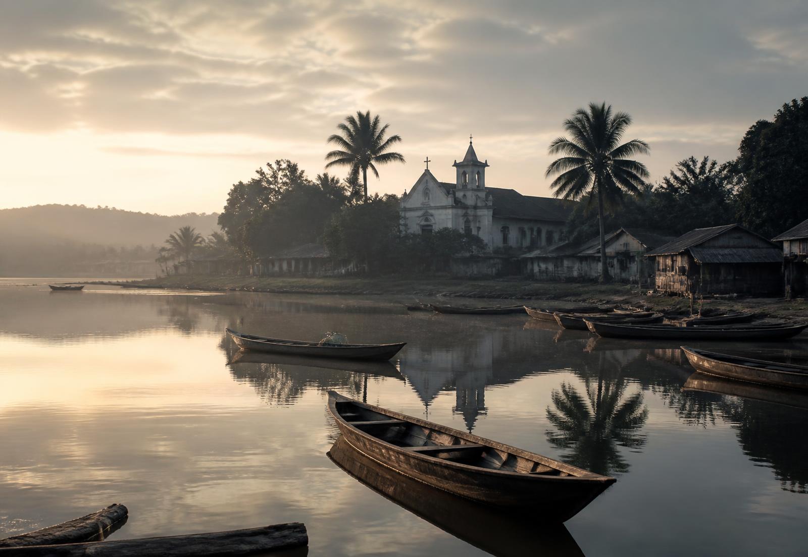 Pirogues sur le lac Togo au lever du jour, devant la cathédrale de Togoville